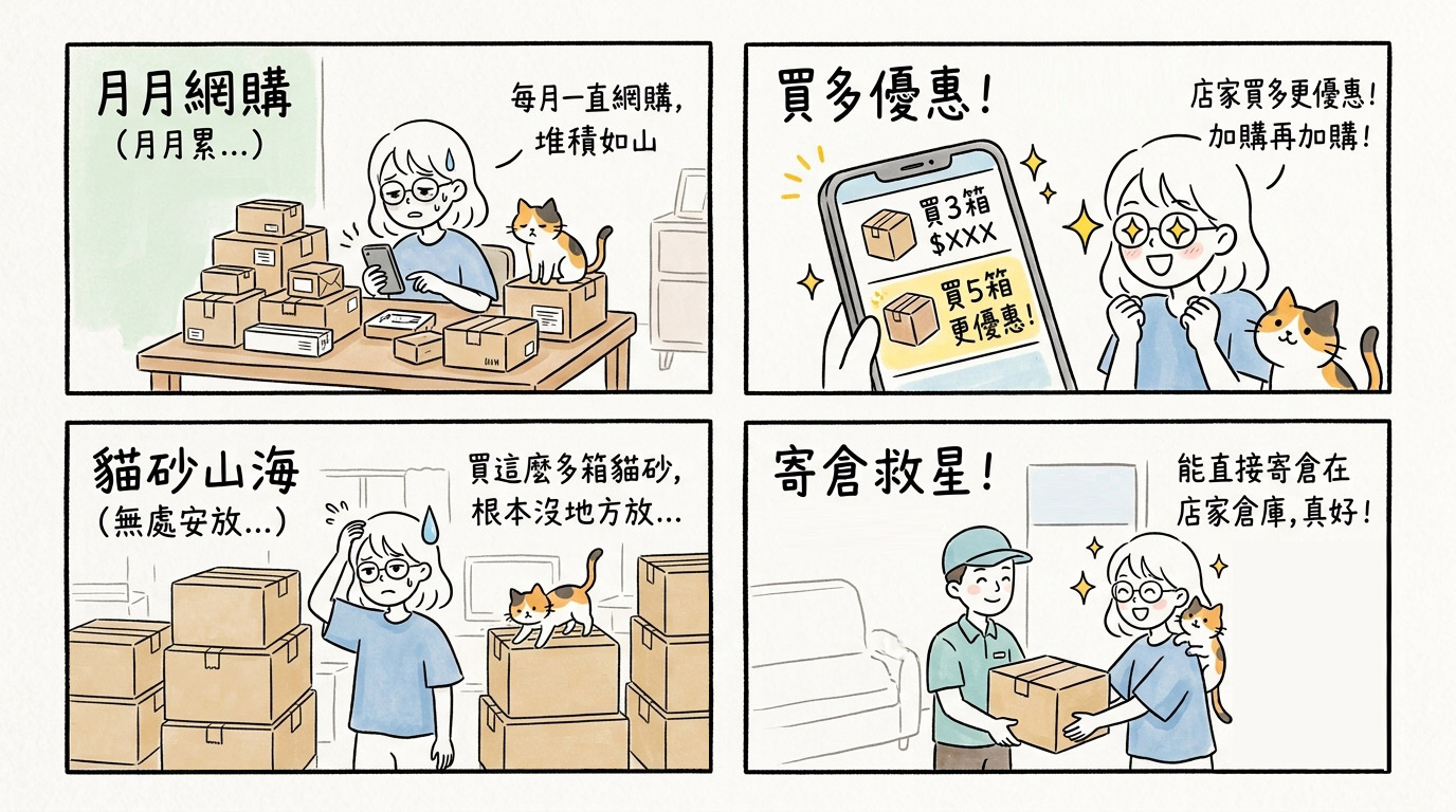 寄倉購解決空間困擾,貓砂放店家,每月配送